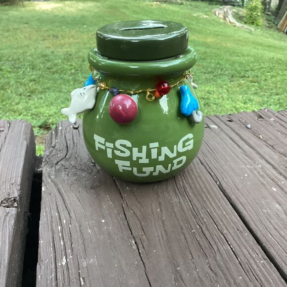 Repurposed Ceramic “Fishing Fund” Coin Jar Candle 11oz Leather Scent - Picture 5 of 5